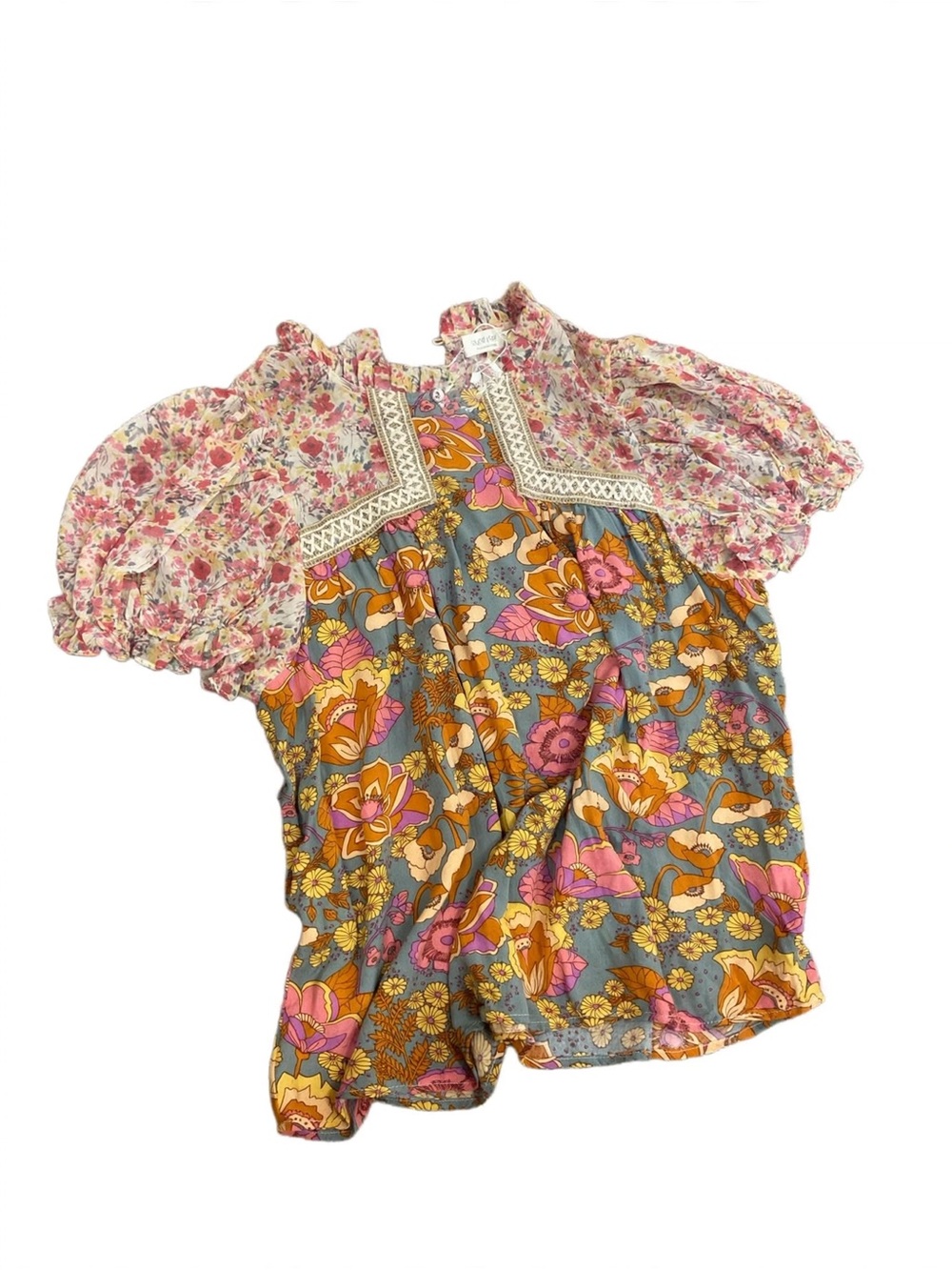 Shop the Mint -Floral Patchwork Boho Blouse - Pink & Yellow